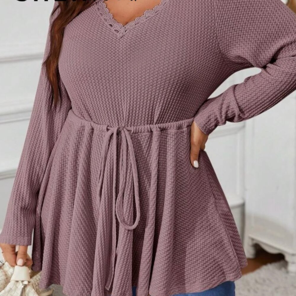 Shein Plus V-Neck Long-Sleeve Front Tie Shirt